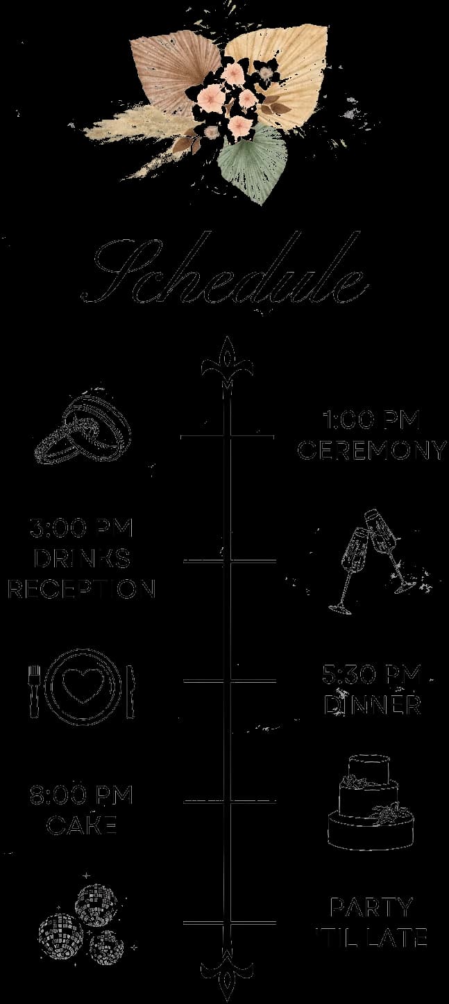 Wedding day schedule: ceremony at 1:00 PM, drinks reception at 3:00 PM, dinner at 5:30 PM, cake at 8:00 PM, and party until late